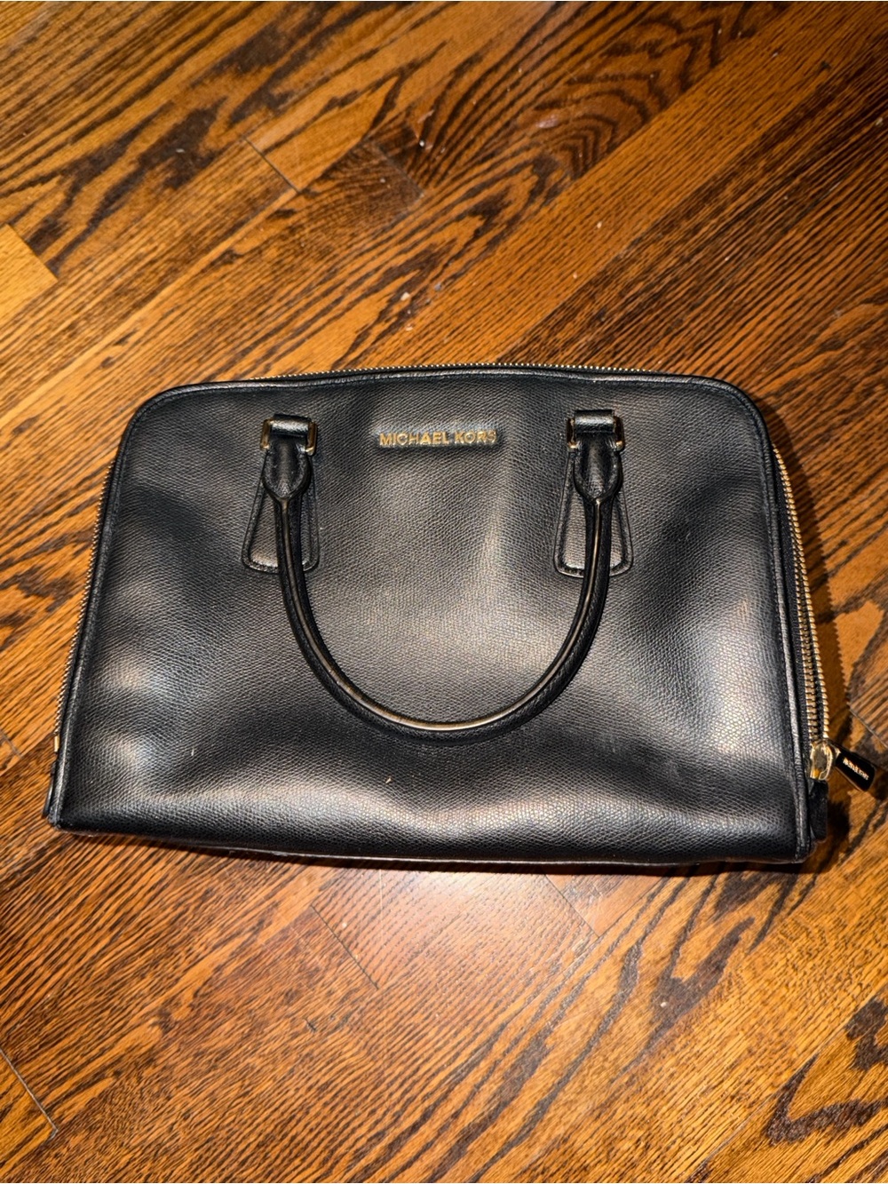 Michael Kors Black Leather Satchel with Gold Hardware